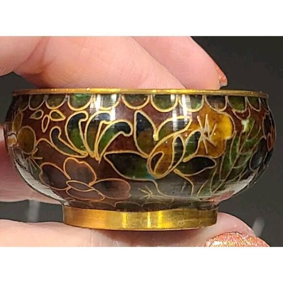 Cloisonné Open Salt Bowl Cellar Pepper Shaker Flower Enamel Brass Stacking Brown - Picture 8 of 8